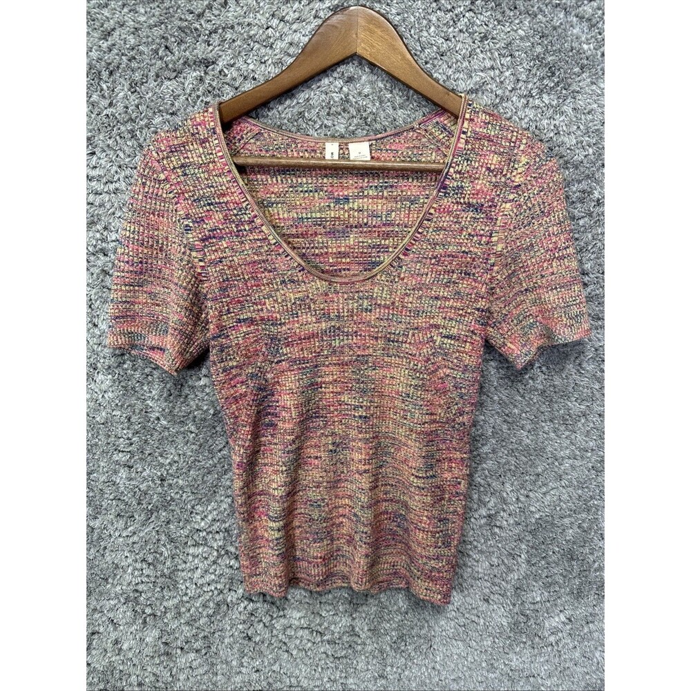 Anthropologie Moth Short Sleeve Scoop Neck Ribbed Sweater Top  Medium Colorful